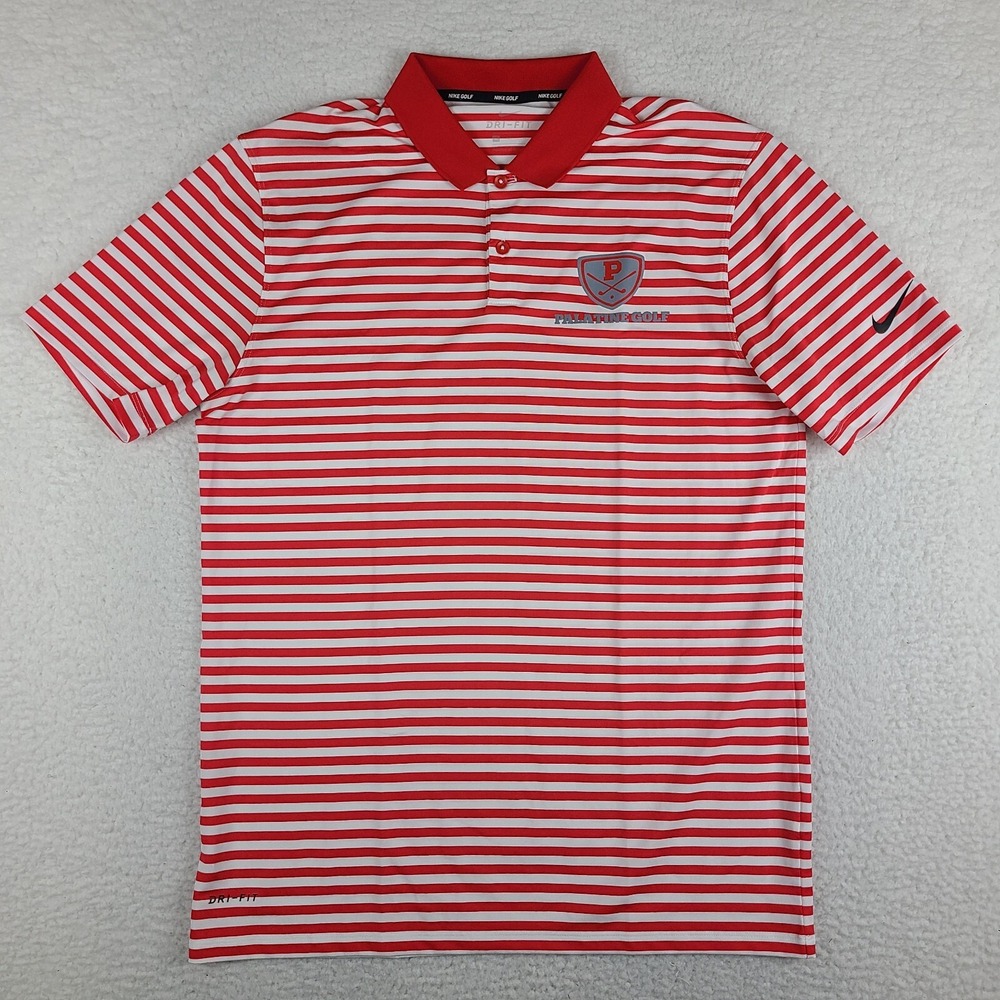 Nike Golf Polo‎ Shirt Mens Medium Red Striped Dri Fit Performance Short Sleeve